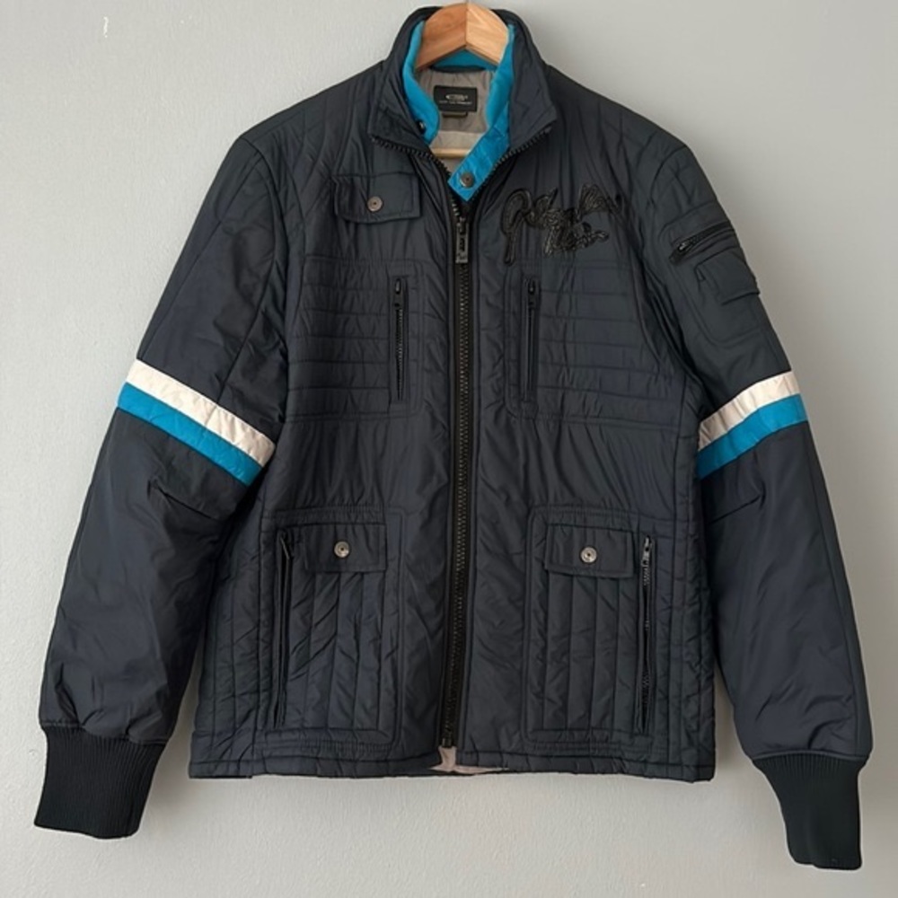 G Star Raw • Navy Blue Quilted Puffer Jacket With Retro Striping Size Large